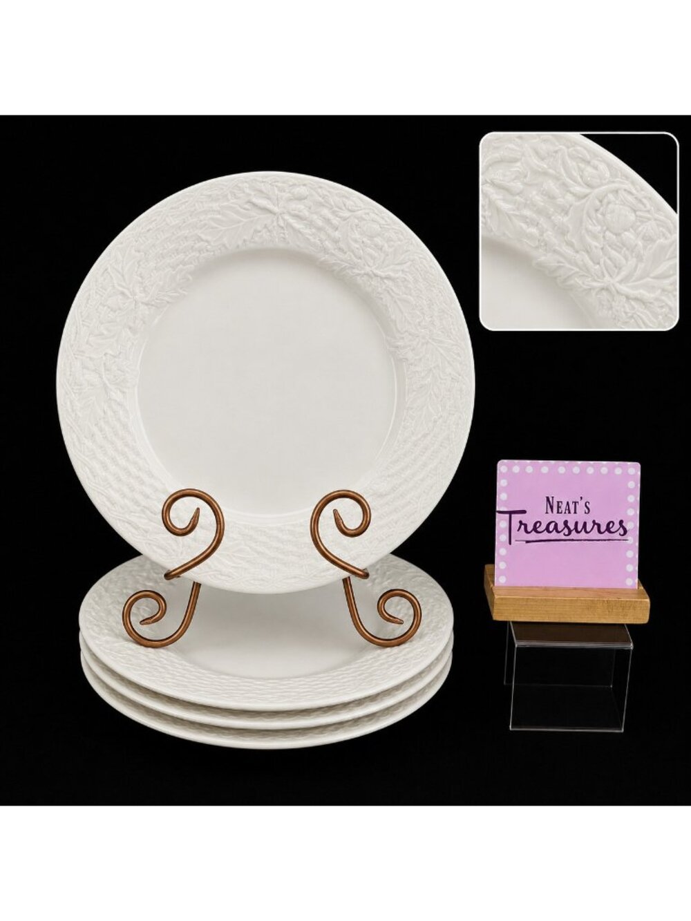 Mikasa WOODLAND ED902 Embossed Basketweave & Acorns White Dinner Plates Set of 4